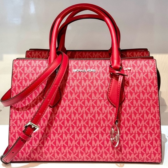 Michael Kors Sheila Medium Signature Logo Satchel Bag Dark Raspberry Multi - Picture 1 of 9